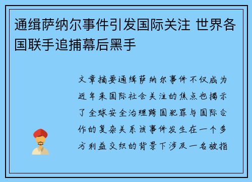 通缉萨纳尔事件引发国际关注 世界各国联手追捕幕后黑手